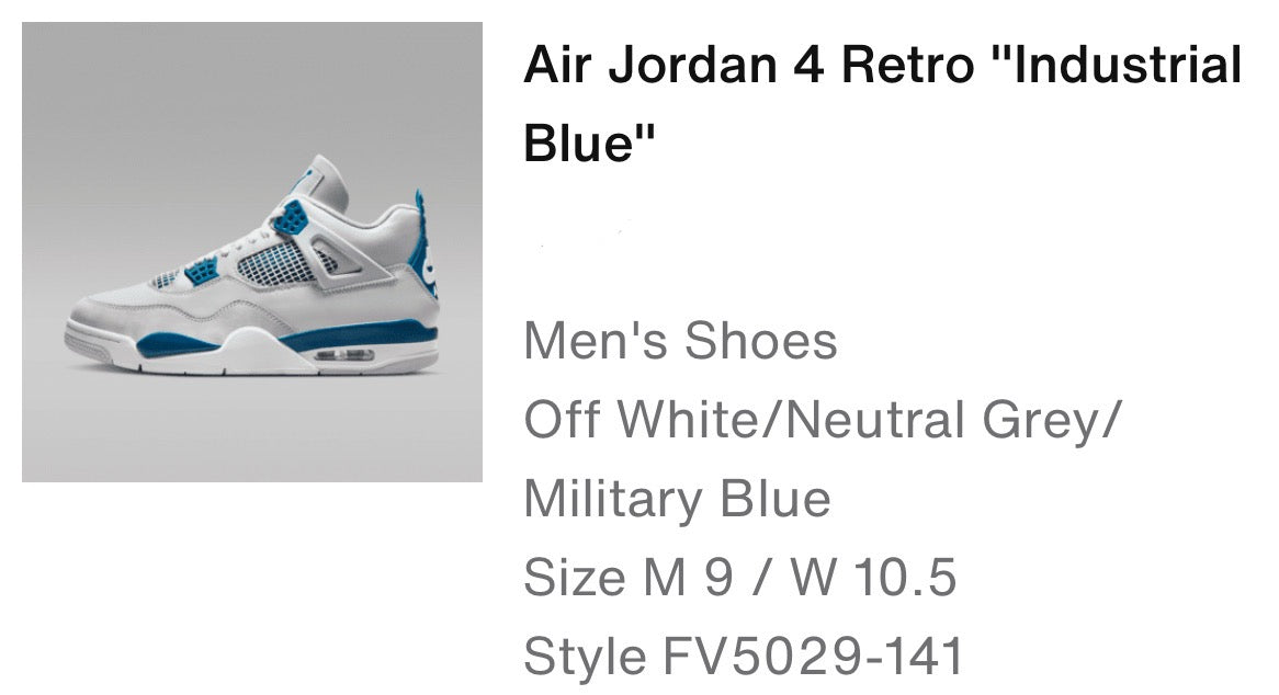 Air Jordan 4 Retro "Industrial Blue" Size M 9/ W 10.5