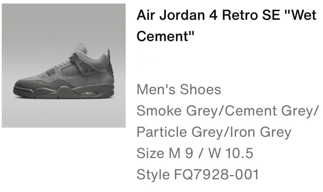 Air Jordan 4 Retro SE Wet Cement M 9/ W 10.5