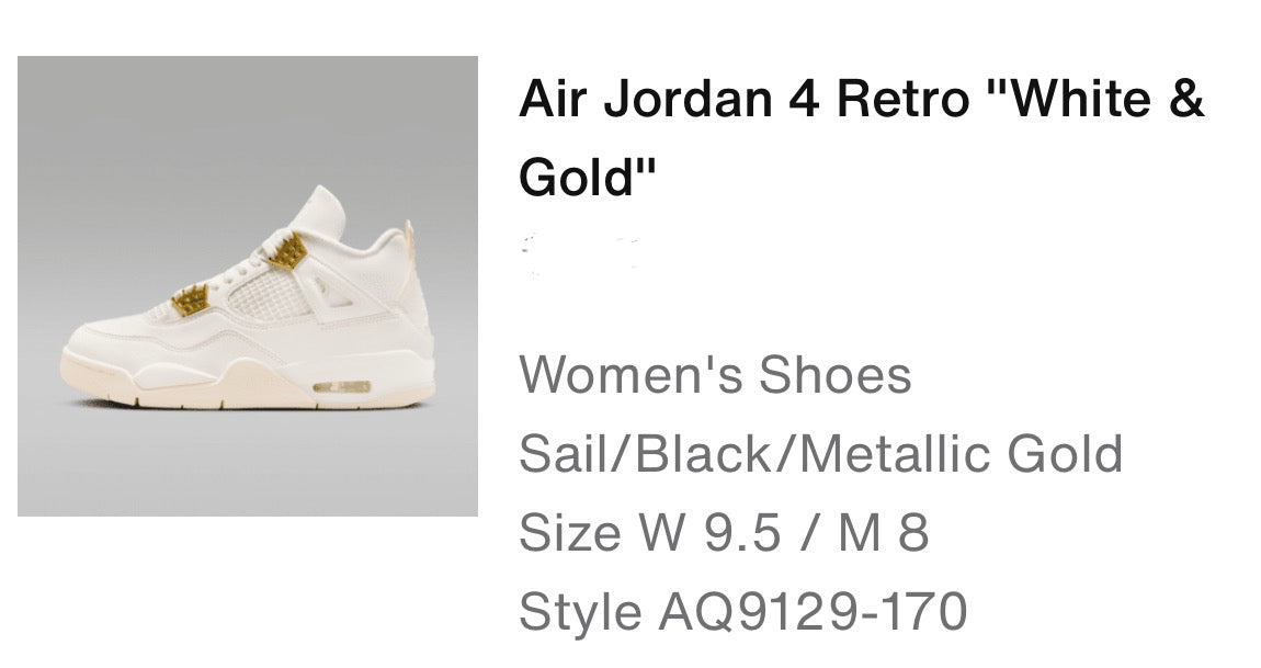 Air Jordan 4 Retro White & Gold Size M8/W9.5