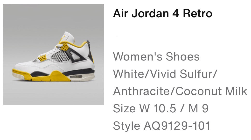 Air Jordan 4 Retro White/Vivid Sulfur W 10.5/ M 9