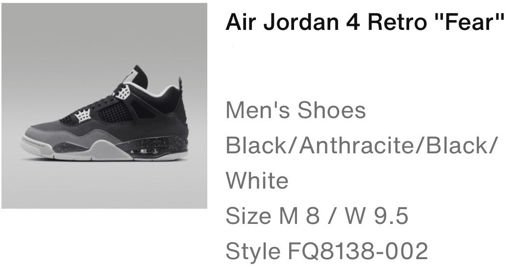 Air Jordan 4 Retro Fear M 8/ W 9.5