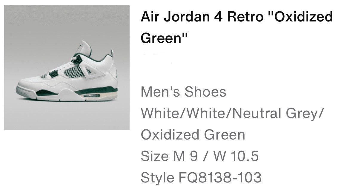 Air Jordan 4 Retro Oxidized Green M 9/ W 10.5